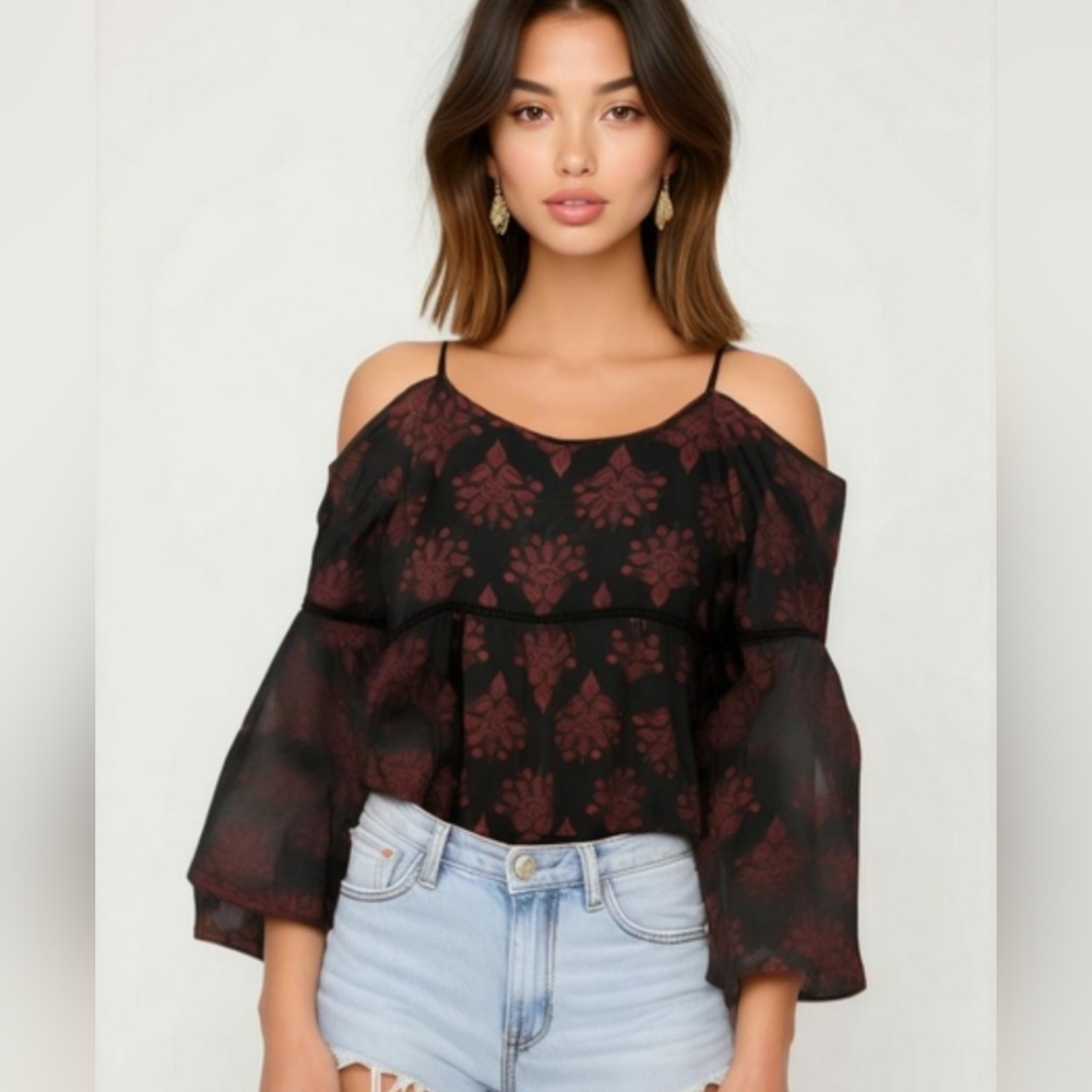 Paper Crane Medium Paisley Cold Shoulder Sheer Lace Tiered Top Boho Cottagecore